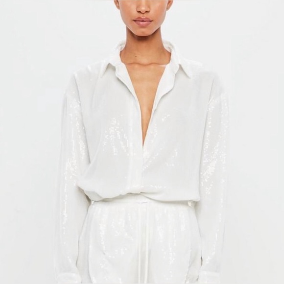 NWT: Missguided Peace + Love White Sequin Shirt + Short Set - Picture 2 of 10